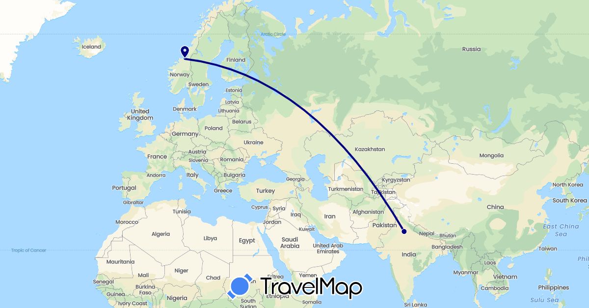 TravelMap itinerary: driving in India, Norway (Asia, Europe)